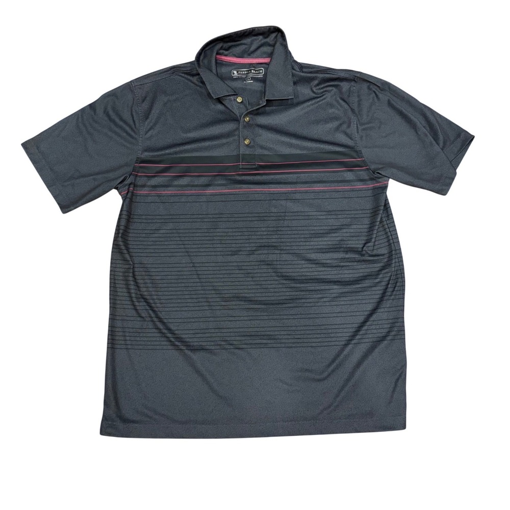 Pebble Beach Dry-Luxe Performance Golf Polo Shirt Mens Large Gray Striped Pink